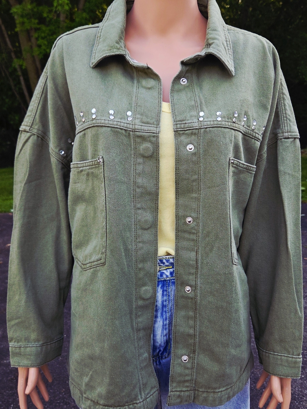 Classic Olive Utility Jacket with Stud Accents
